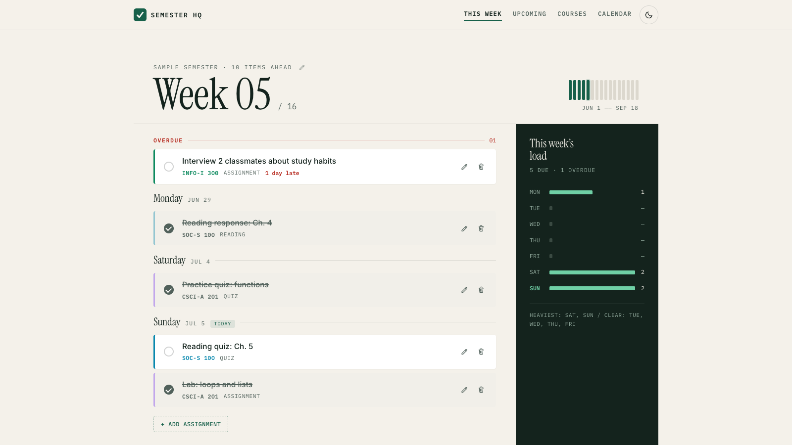 Semester HQ dashboard showing weekly assignments, workload, and calendar navigation